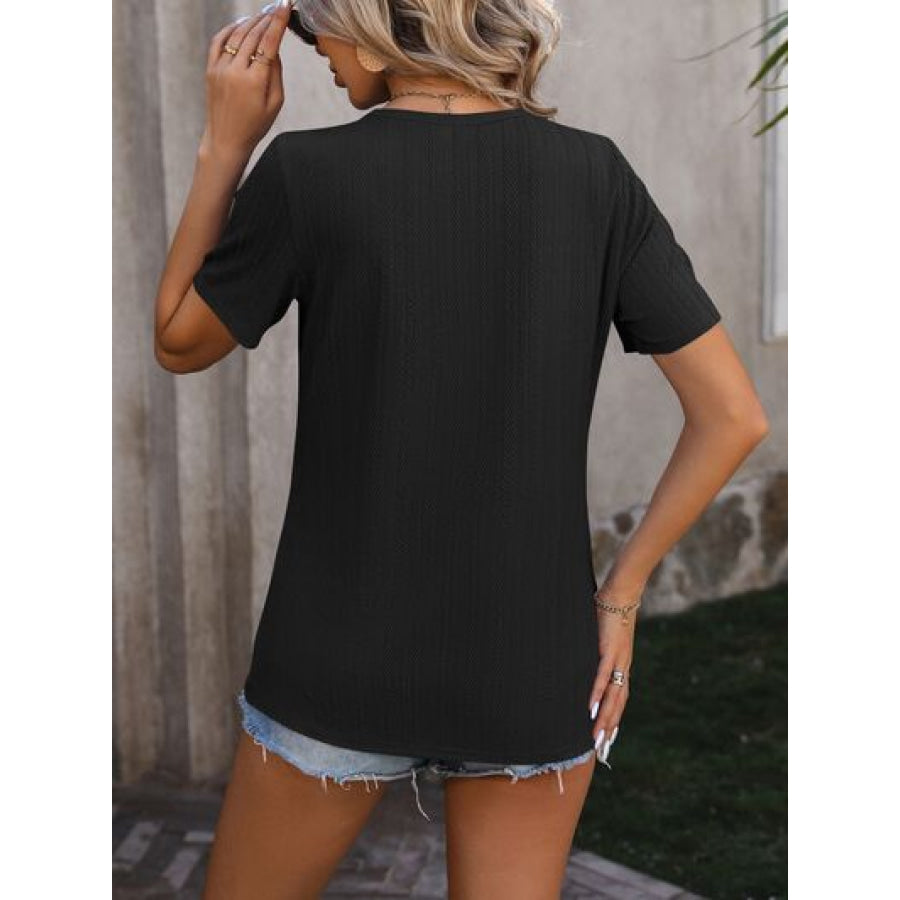 Decorative Button Round Neck Short Sleeve Blouse Apparel and Accessories