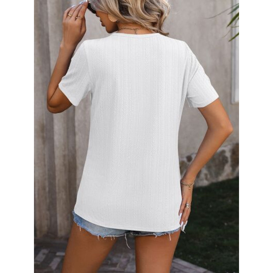 Decorative Button Round Neck Short Sleeve Blouse Apparel and Accessories