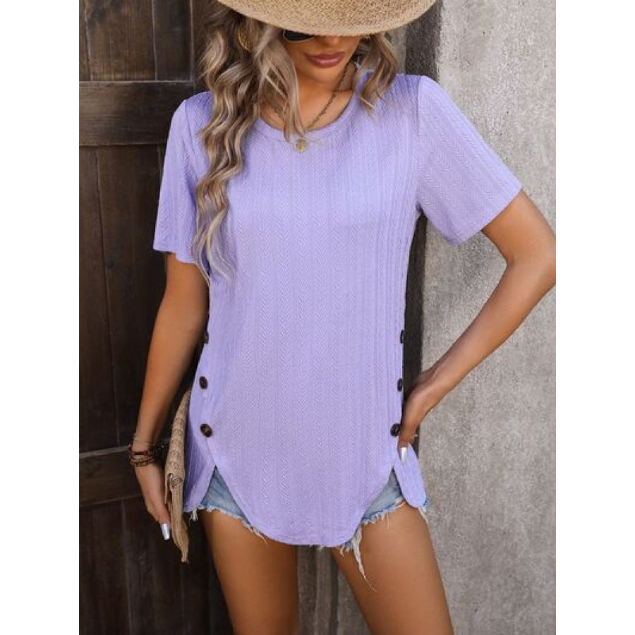 Decorative Button Round Neck Short Sleeve Blouse Apparel and Accessories