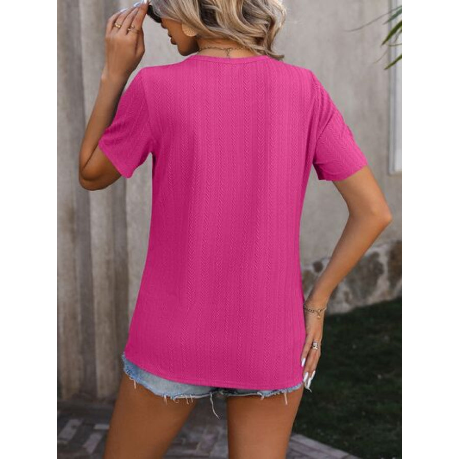 Decorative Button Round Neck Short Sleeve Blouse Apparel and Accessories