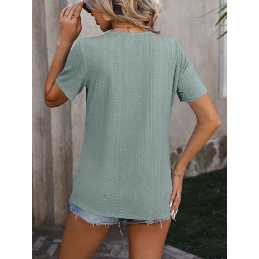 Decorative Button Round Neck Short Sleeve Blouse Apparel and Accessories