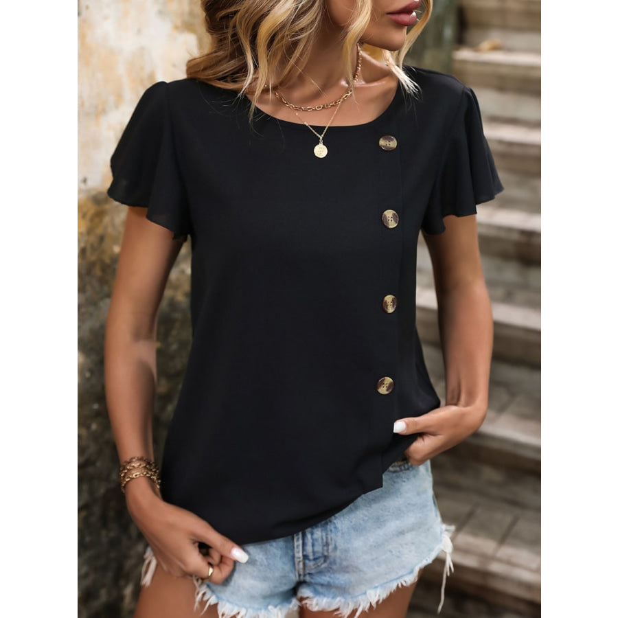 Decorative Button Round Neck Short Sleeve Blouse Black / S Apparel and Accessories