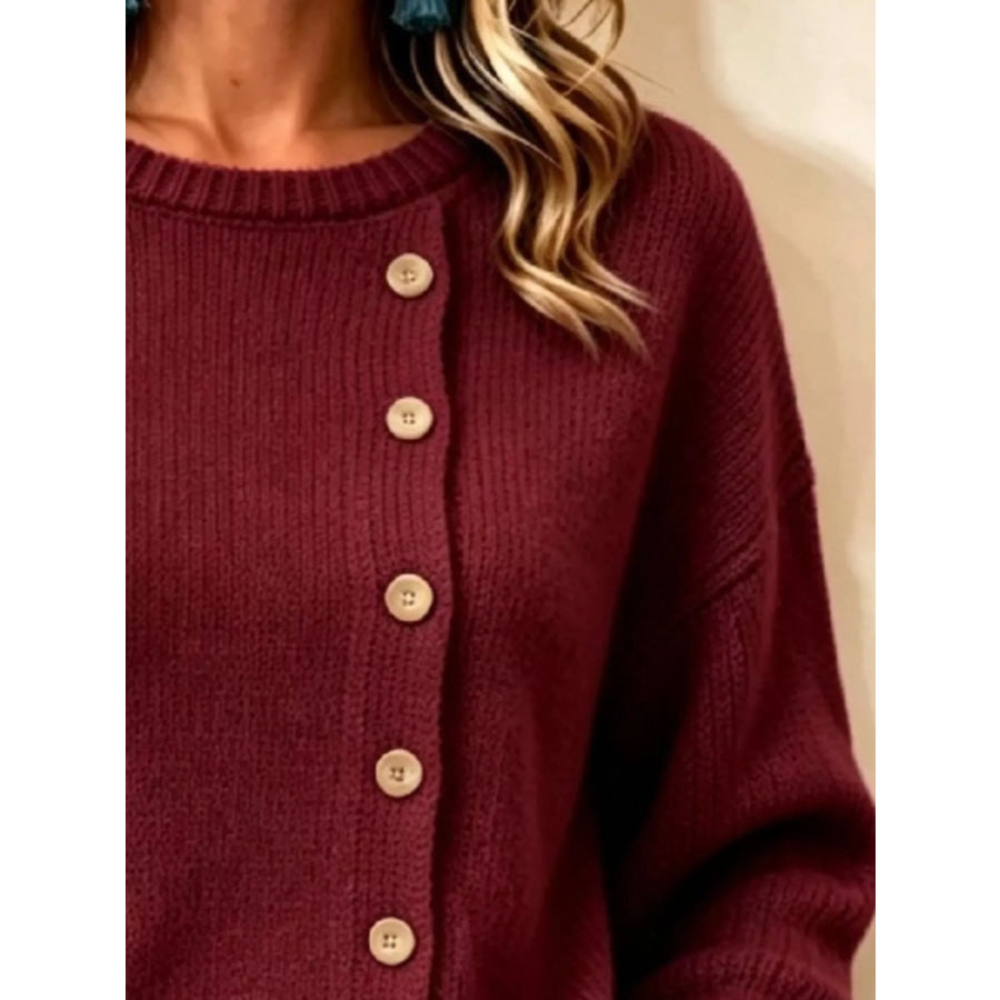 Decorative Button Round Neck Sweater Apparel and Accessories