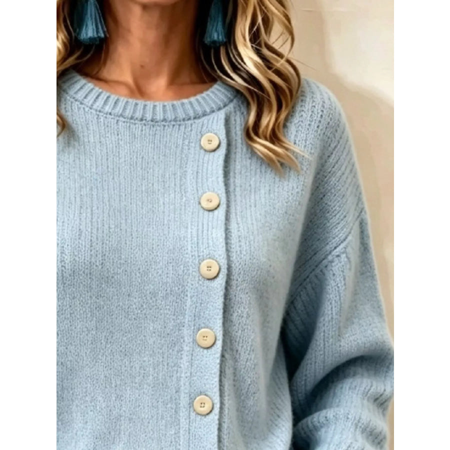 Decorative Button Round Neck Sweater Apparel and Accessories