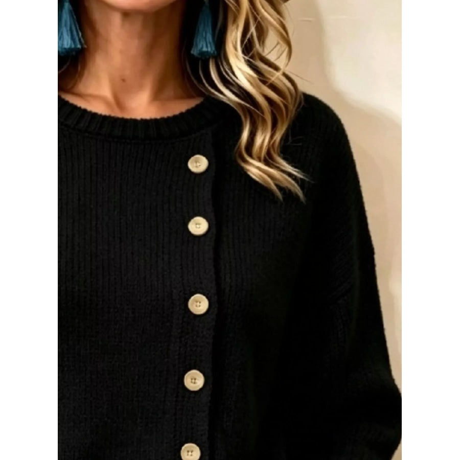 Decorative Button Round Neck Sweater Apparel and Accessories