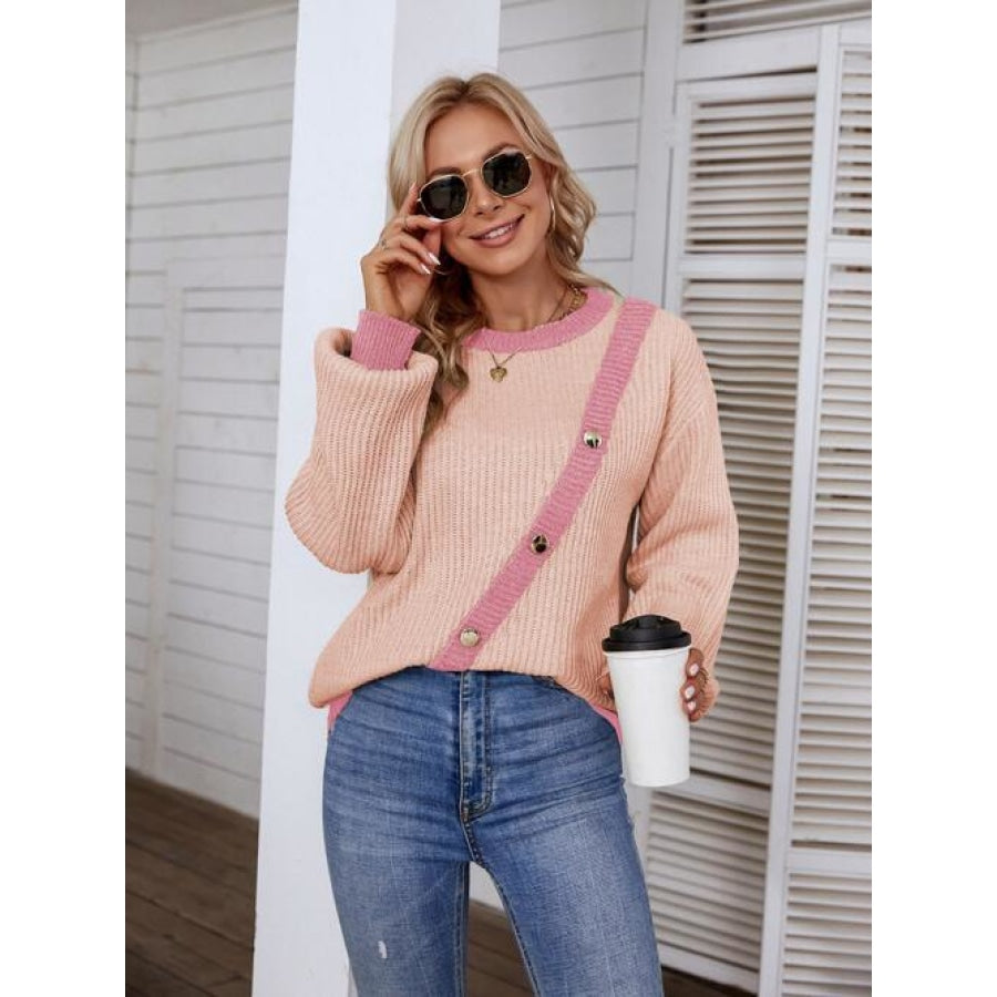 Decorative Button Round Neck Sweater Blush Pink / S Shirts &amp; Tops