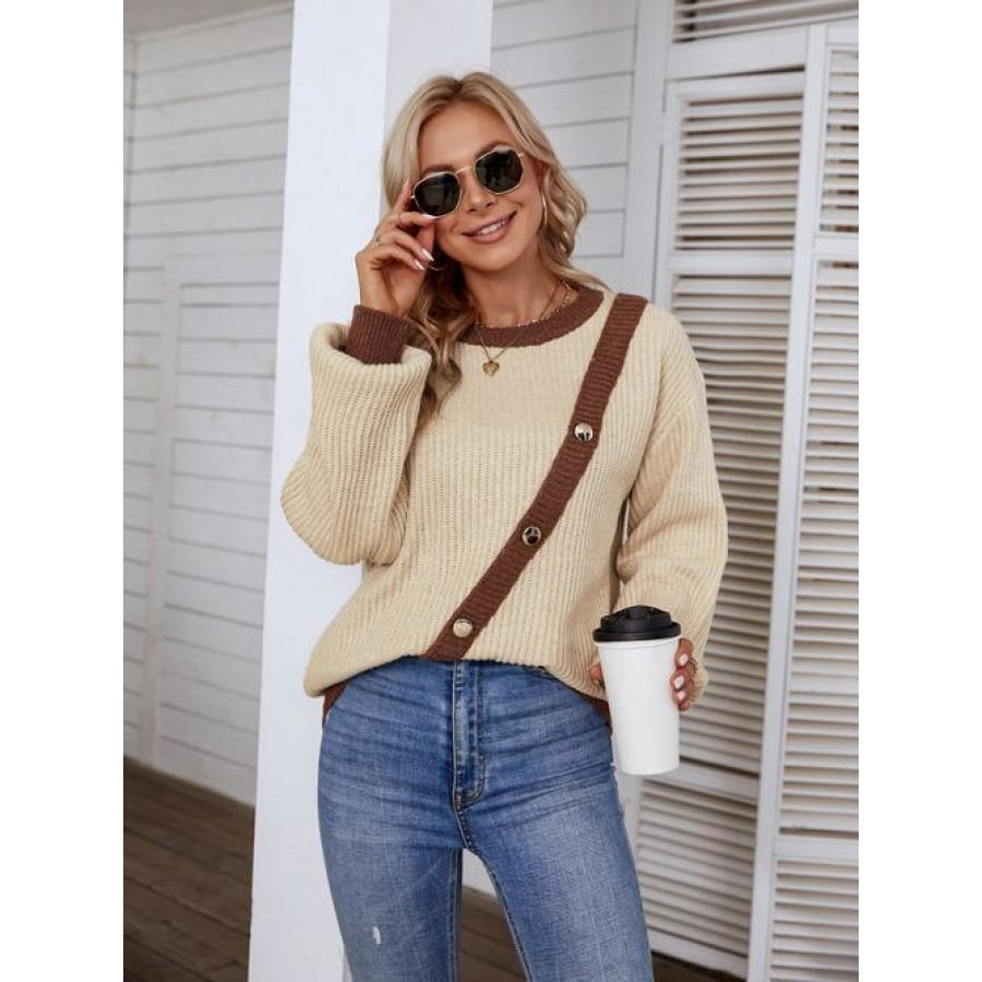 Decorative Button Round Neck Sweater Khaki / S Shirts &amp; Tops