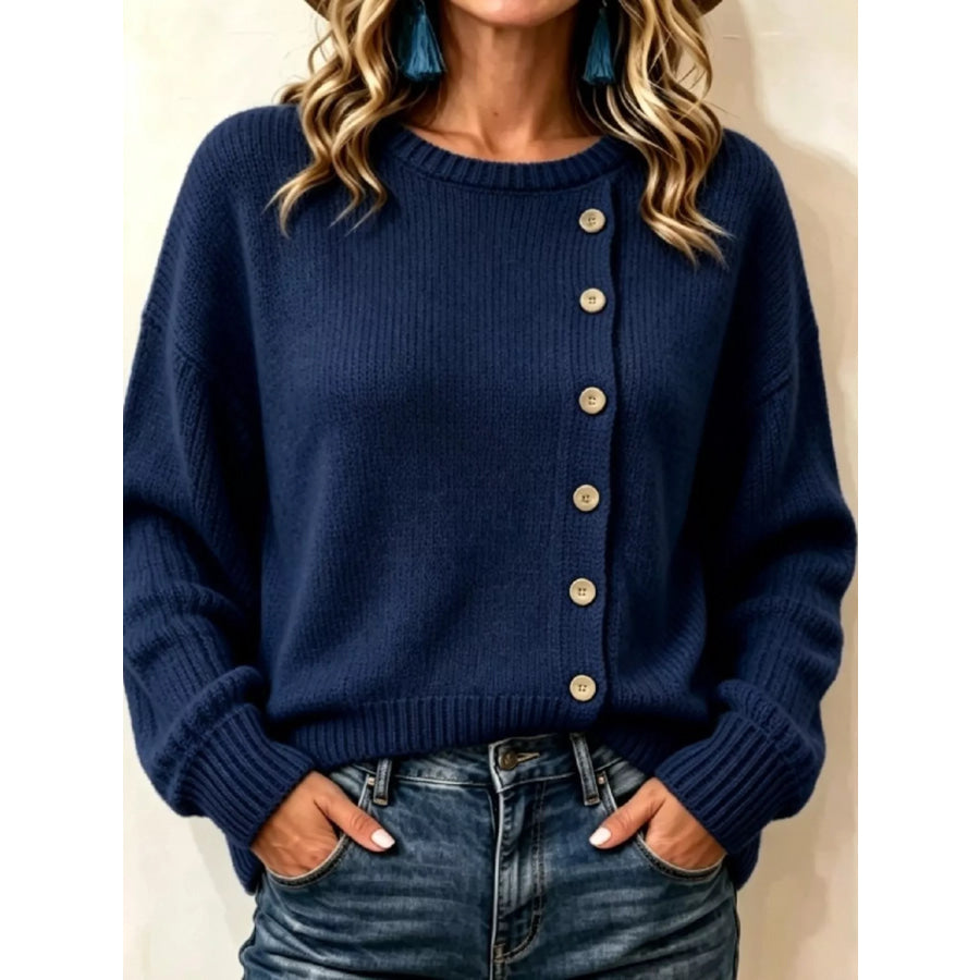 Decorative Button Round Neck Sweater Navy / S Apparel and Accessories