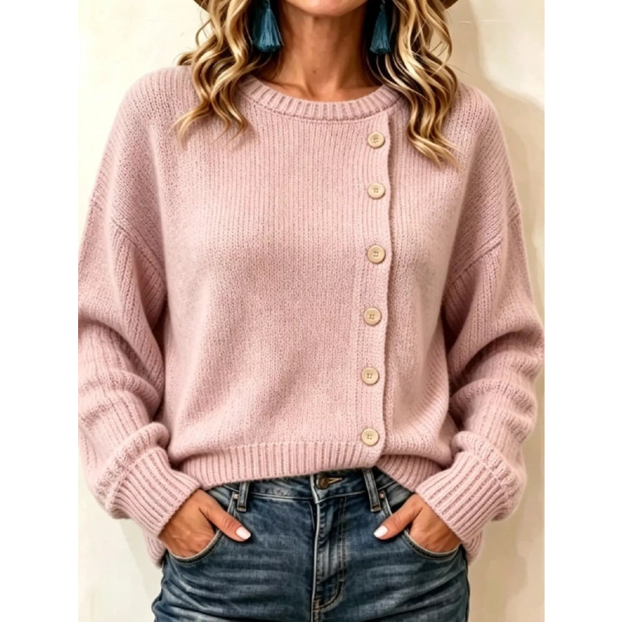 Decorative Button Round Neck Sweater Pink / S Apparel and Accessories