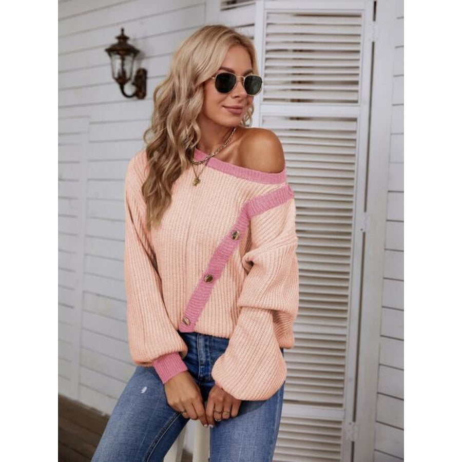 Decorative Button Round Neck Sweater Shirts &amp; Tops