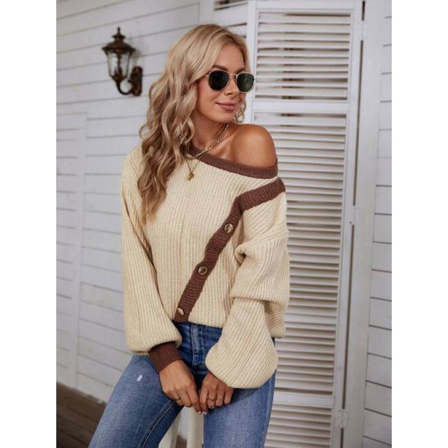 Decorative Button Round Neck Sweater Shirts &amp; Tops