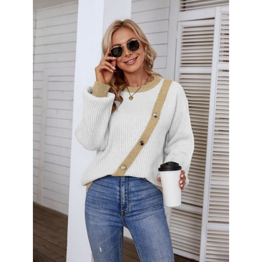 Decorative Button Round Neck Sweater White / S Shirts &amp; Tops