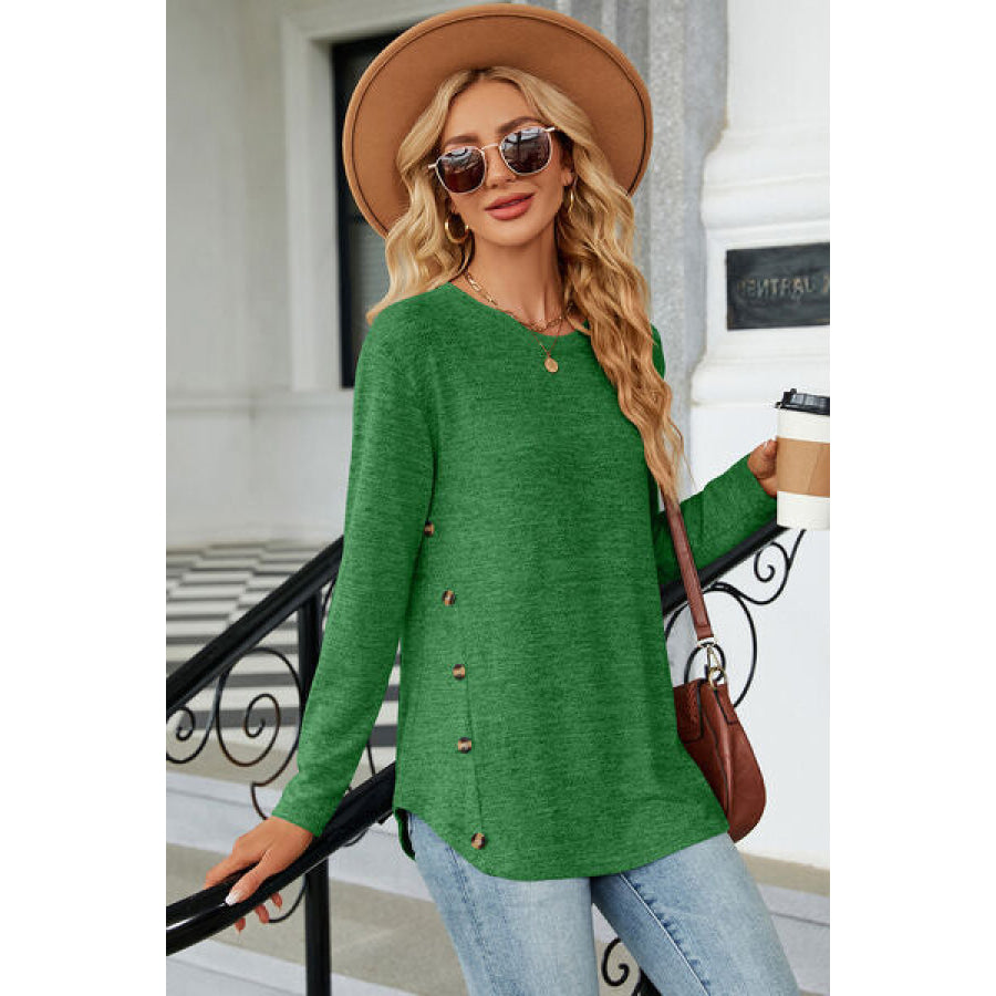 Decorative Button Round Neck T - Shirt Apparel and Accessories