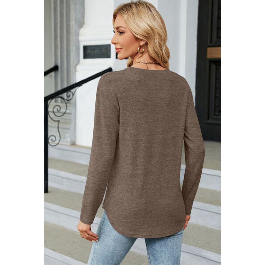 Decorative Button Round Neck T - Shirt Apparel and Accessories