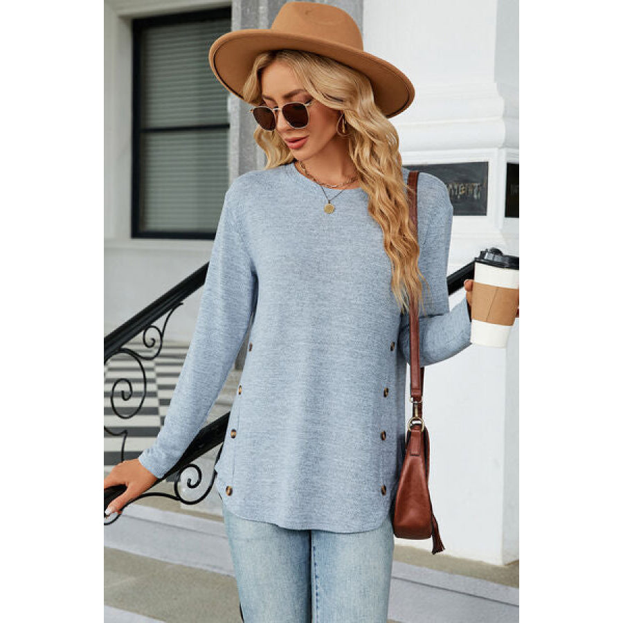 Decorative Button Round Neck T - Shirt Apparel and Accessories