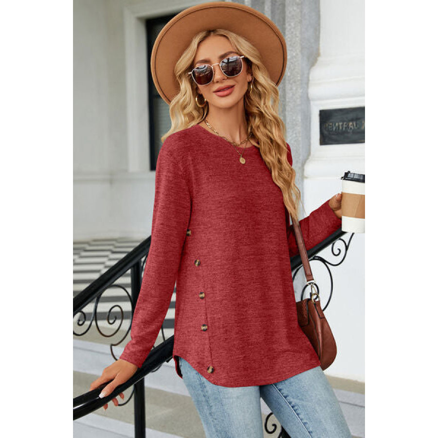 Decorative Button Round Neck T - Shirt Apparel and Accessories