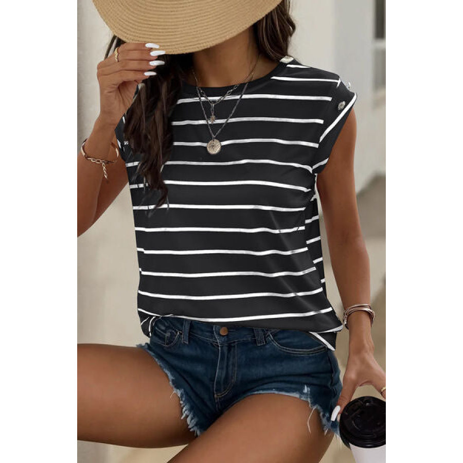 Decorative Button Round Neck T - Shirt Apparel and Accessories