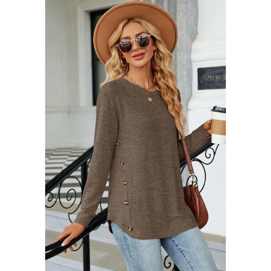 Decorative Button Round Neck T - Shirt Apparel and Accessories