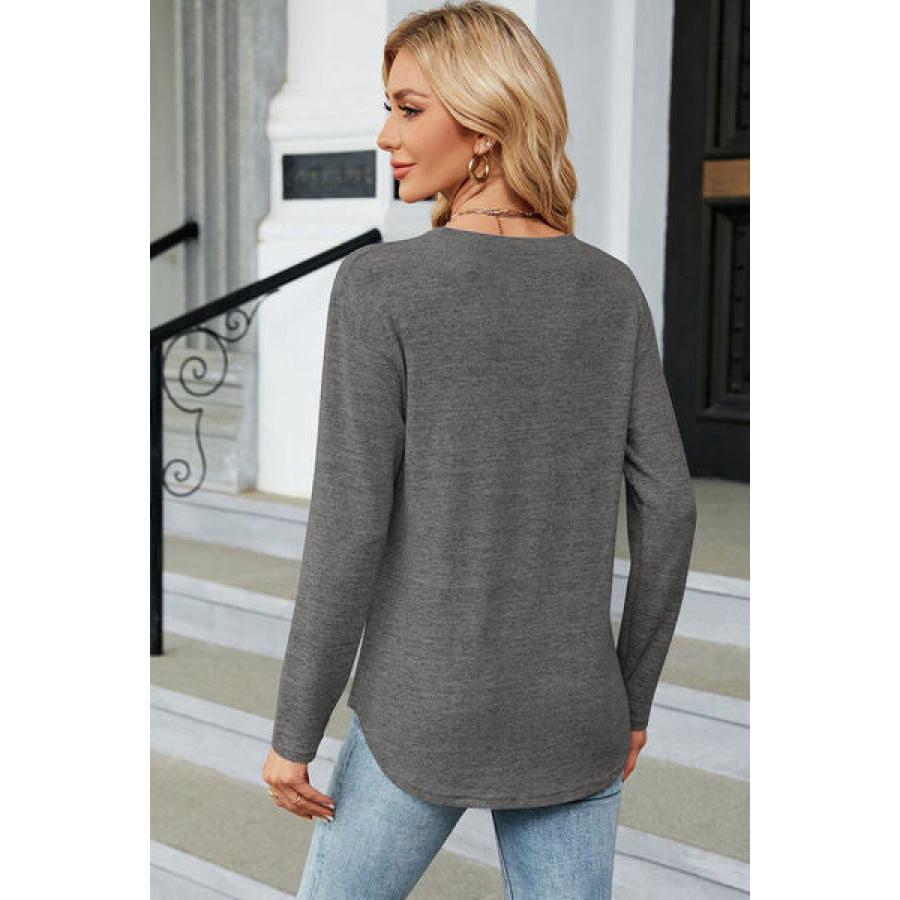 Decorative Button Round Neck T - Shirt Apparel and Accessories