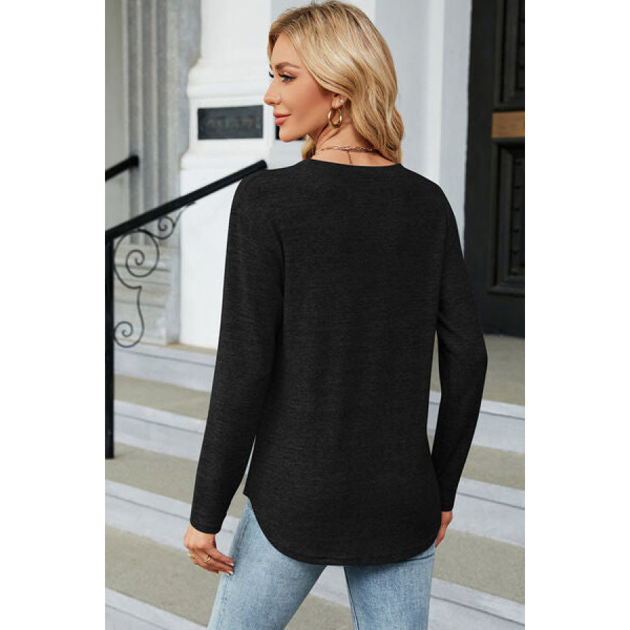 Decorative Button Round Neck T - Shirt Apparel and Accessories