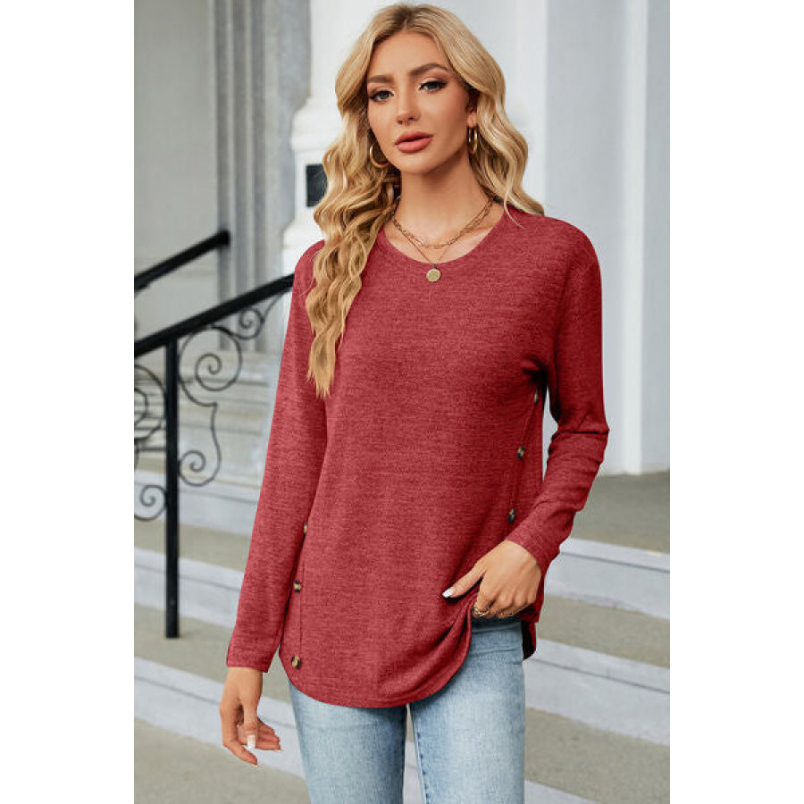 Decorative Button Round Neck T - Shirt Brick Red / S Apparel and Accessories
