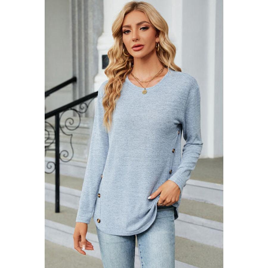 Decorative Button Round Neck T - Shirt Misty Blue / S Apparel and Accessories