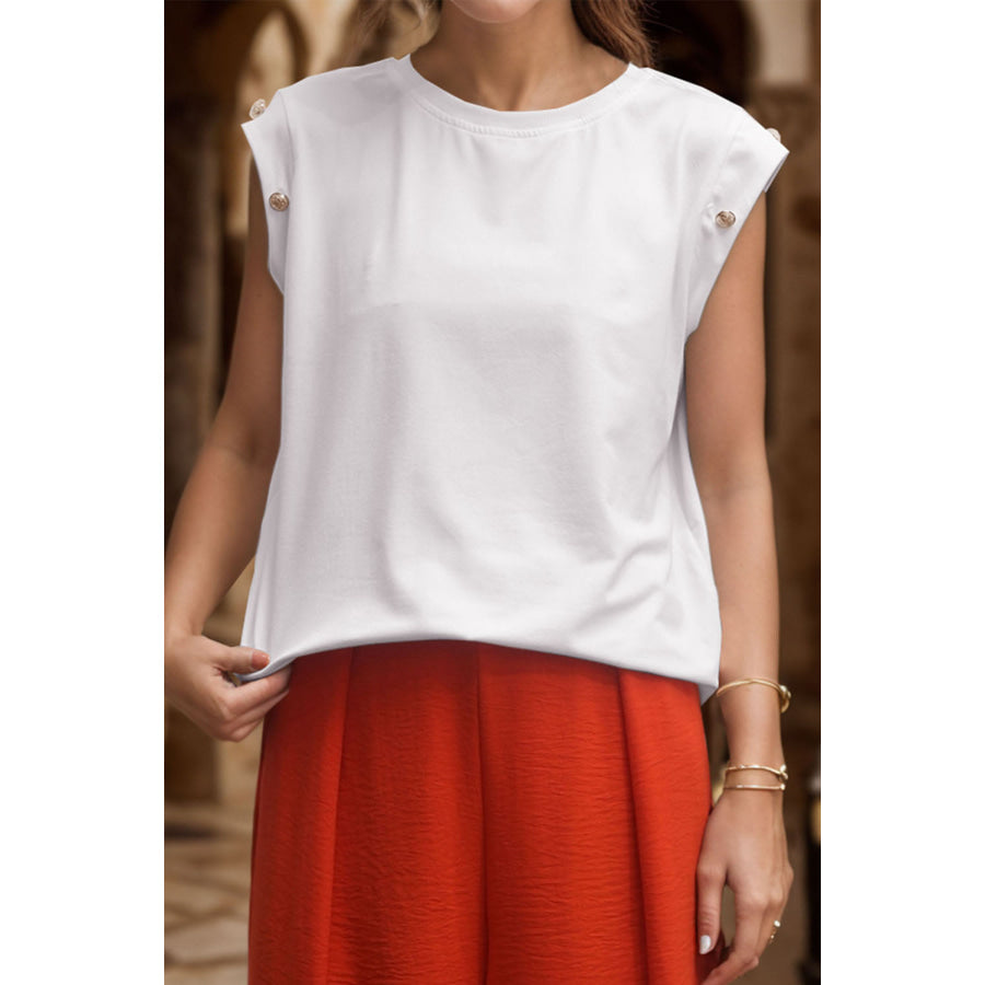 Decorative Button Round Neck T-Shirt White / XL Apparel and Accessories
