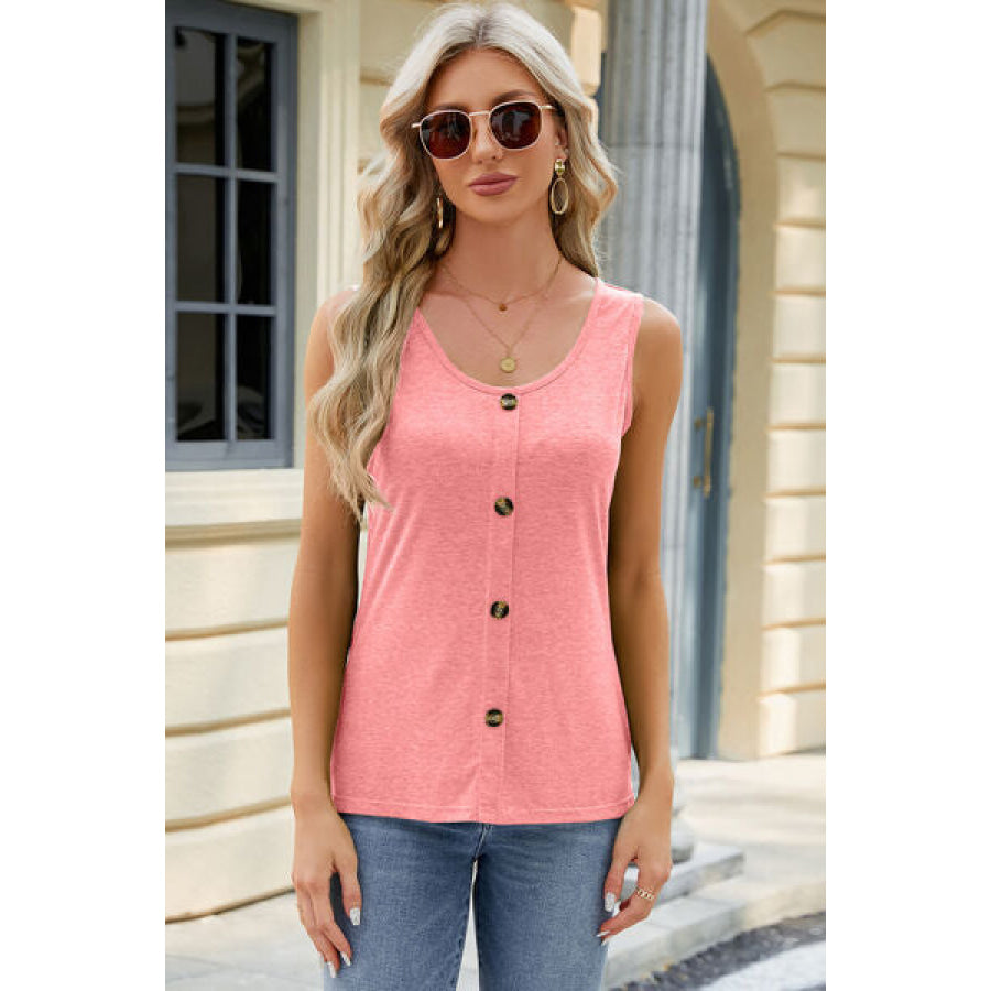 Decorative Button Round Neck Tank Apparel and Accessories