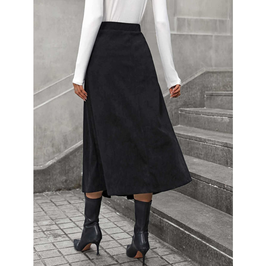 Decorative Button Ruched Midi Skirt Apparel and Accessories