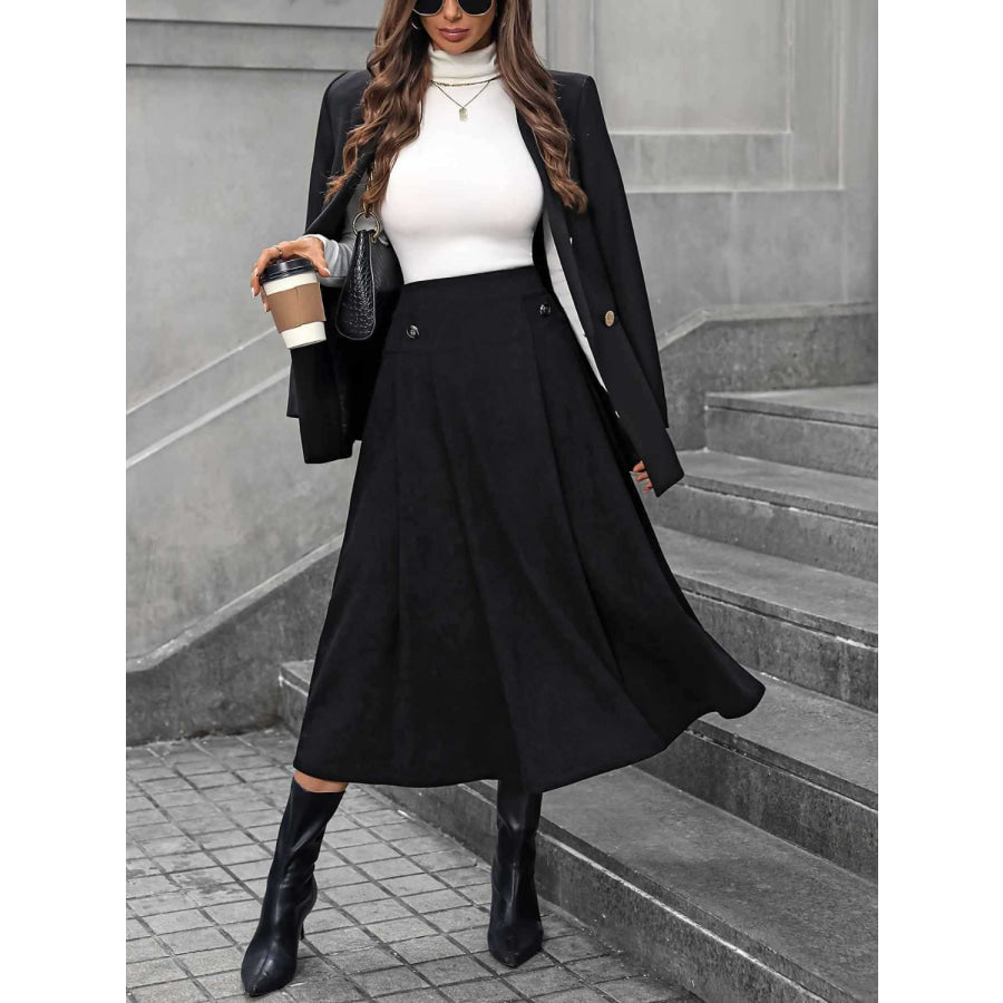 Decorative Button Ruched Midi Skirt Apparel and Accessories