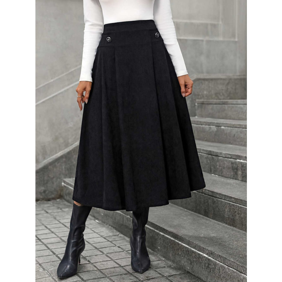 Decorative Button Ruched Midi Skirt Black / S Apparel and Accessories