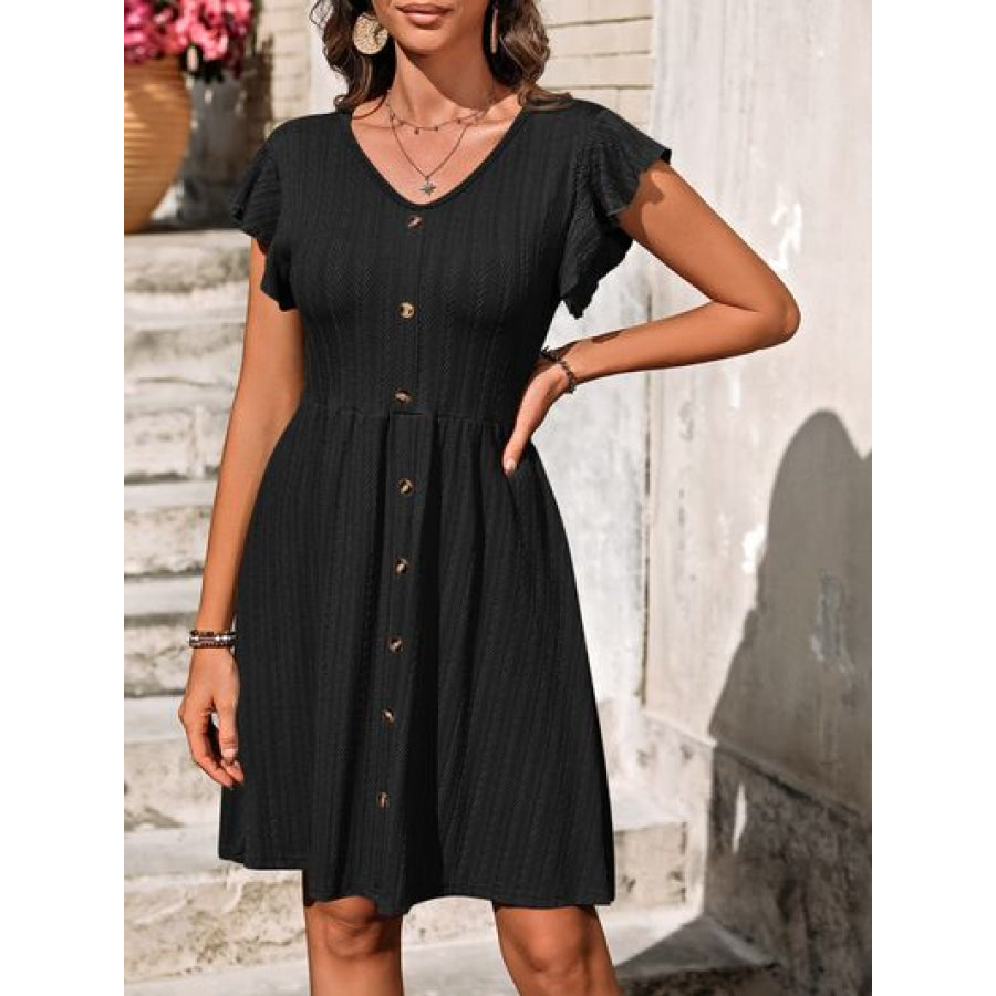 Decorative Button Ruffled V - Neck Dress Apparel and Accessories