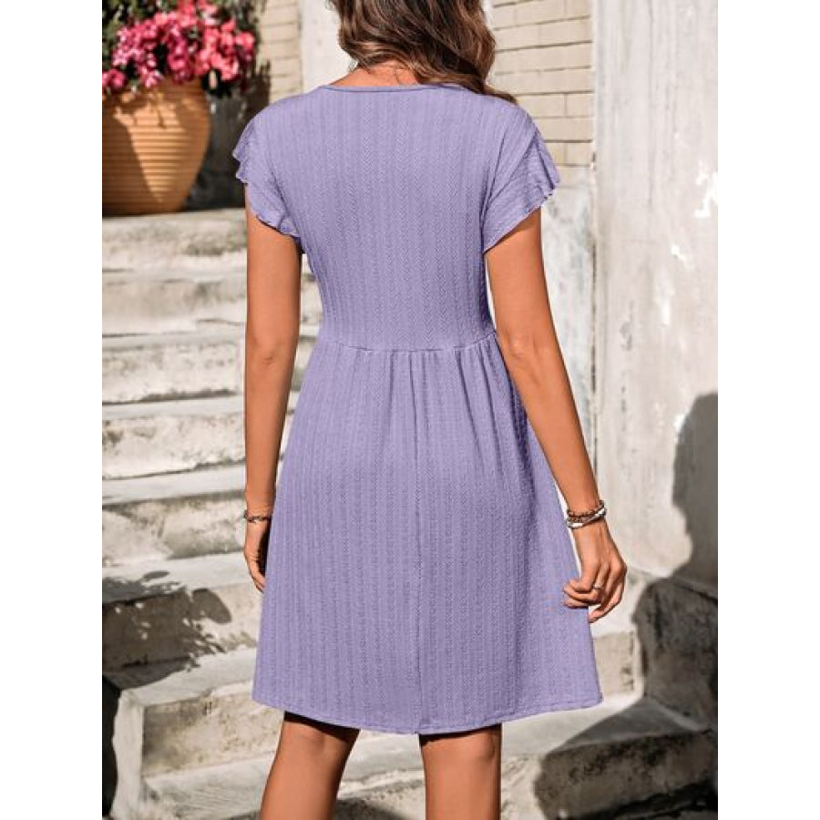 Decorative Button Ruffled V - Neck Dress Apparel and Accessories