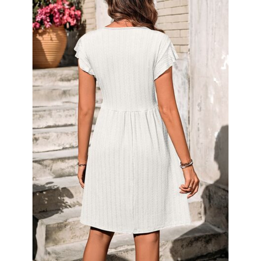 Decorative Button Ruffled V - Neck Dress Apparel and Accessories