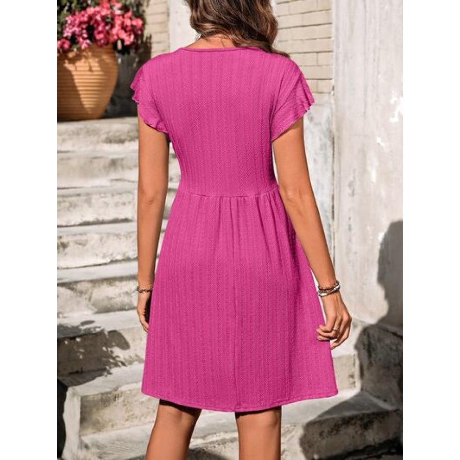 Decorative Button Ruffled V - Neck Dress Apparel and Accessories