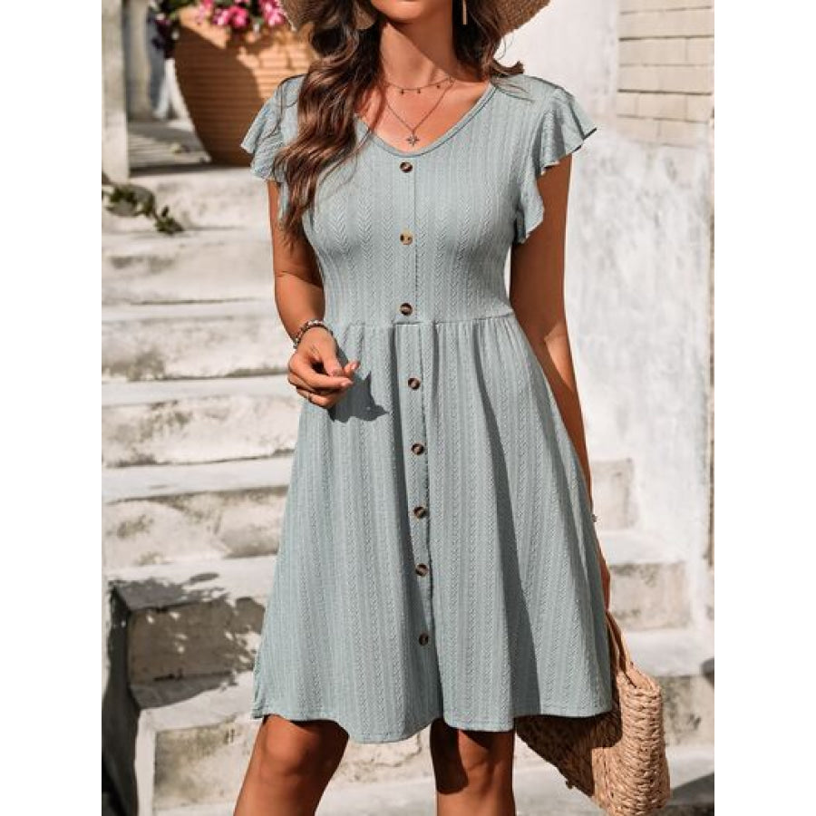 Decorative Button Ruffled V - Neck Dress Apparel and Accessories