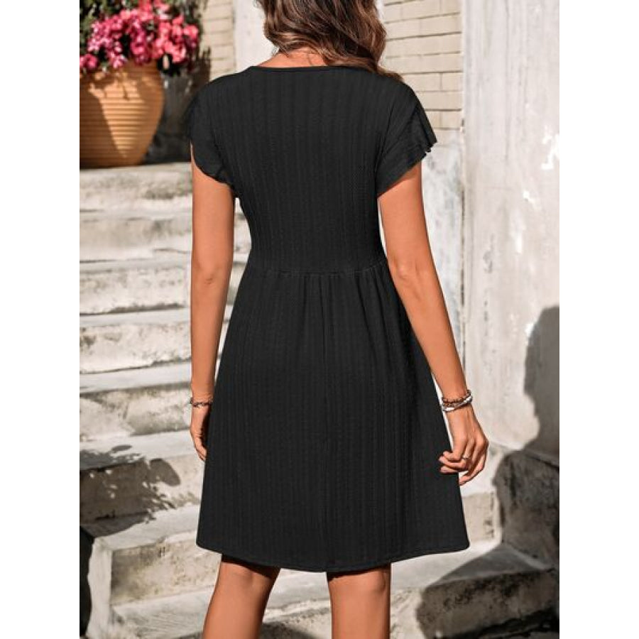 Decorative Button Ruffled V - Neck Dress Apparel and Accessories