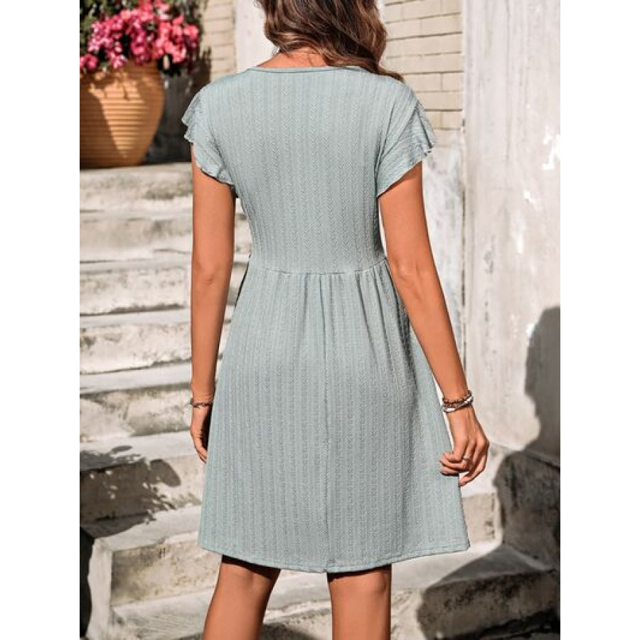 Decorative Button Ruffled V - Neck Dress Apparel and Accessories