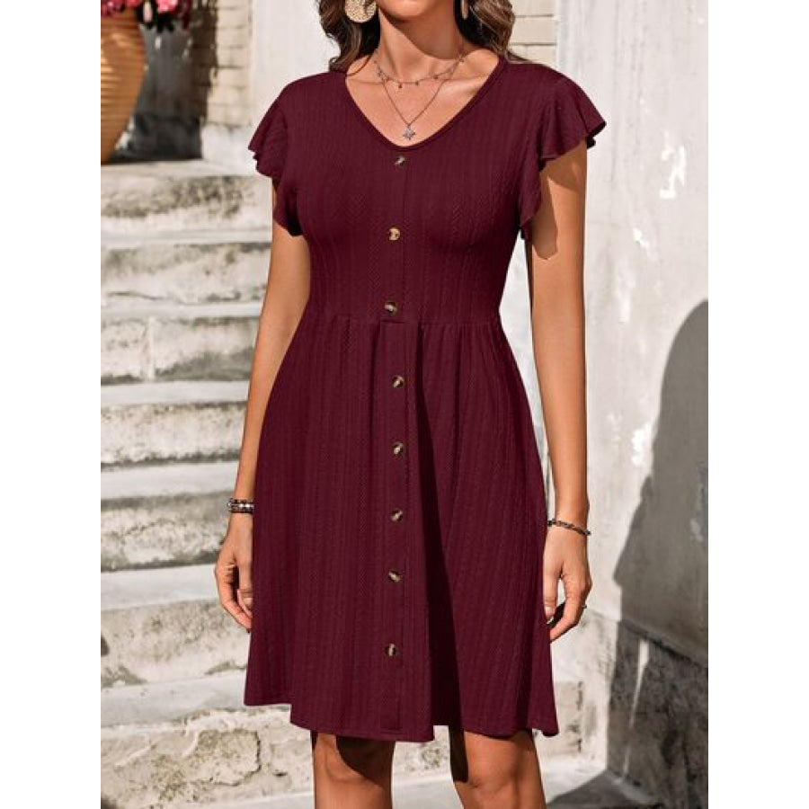 Decorative Button Ruffled V - Neck Dress Apparel and Accessories