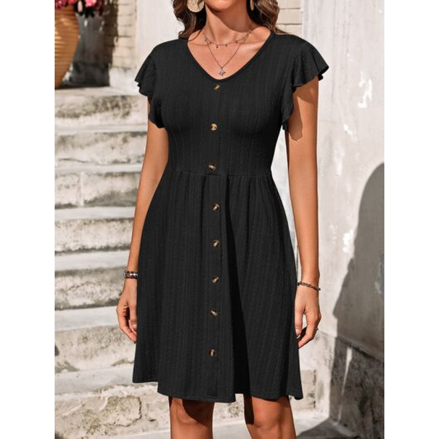 Decorative Button Ruffled V - Neck Dress Black / S Apparel and Accessories