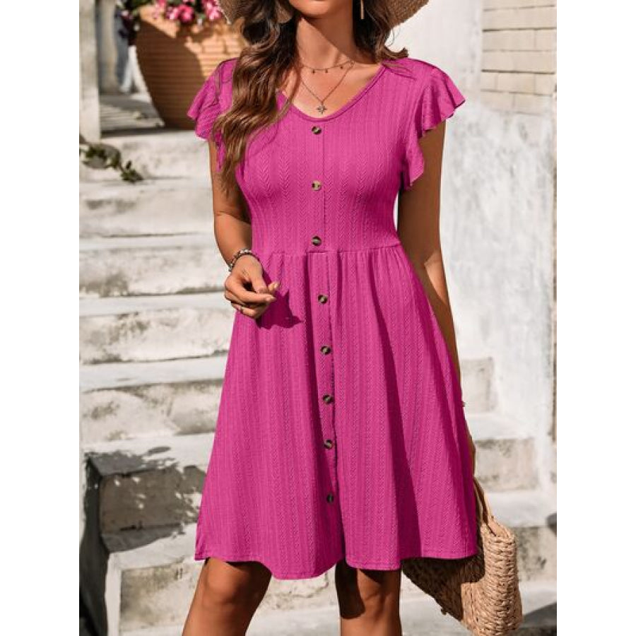 Decorative Button Ruffled V - Neck Dress Deep Rose / S Apparel and Accessories