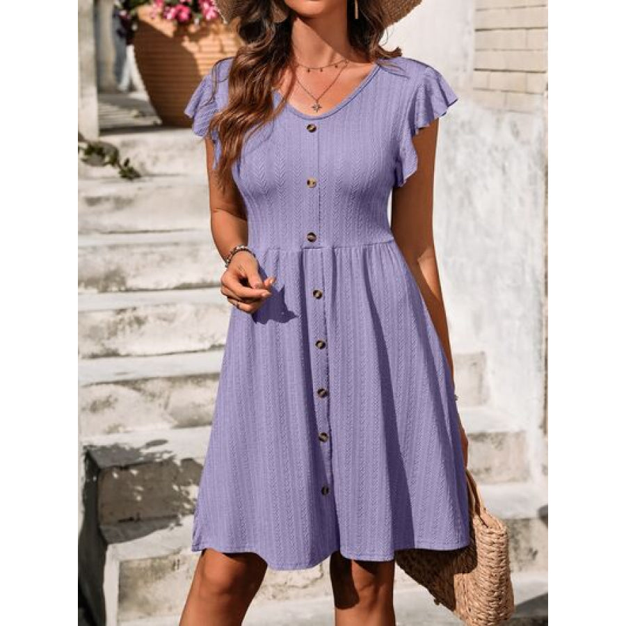 Decorative Button Ruffled V - Neck Dress Lavender / S Apparel and Accessories