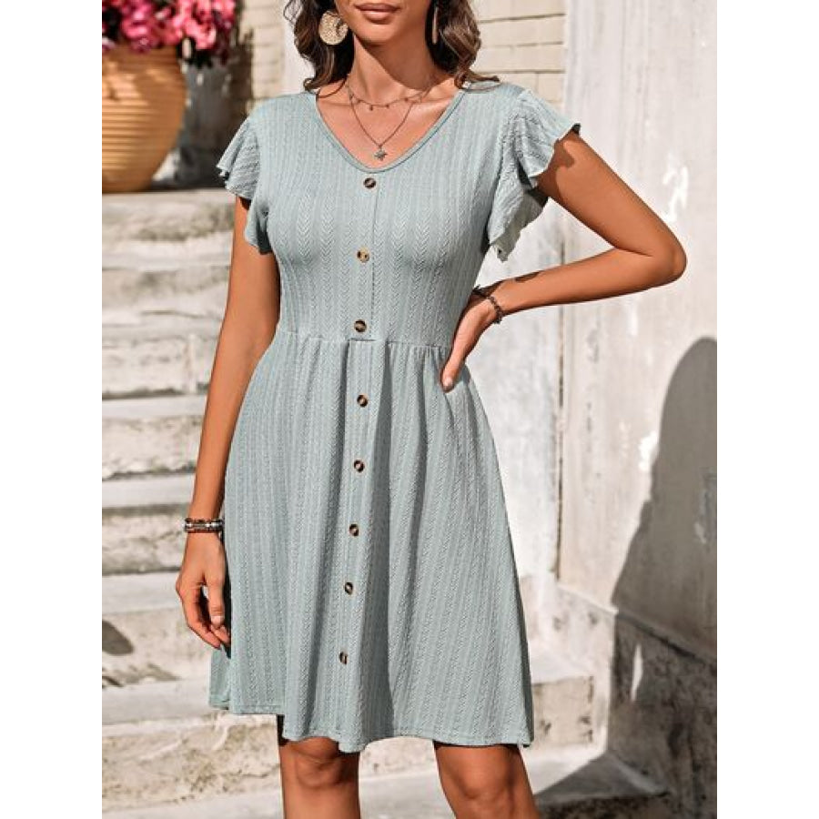 Decorative Button Ruffled V - Neck Dress Sage / S Apparel and Accessories