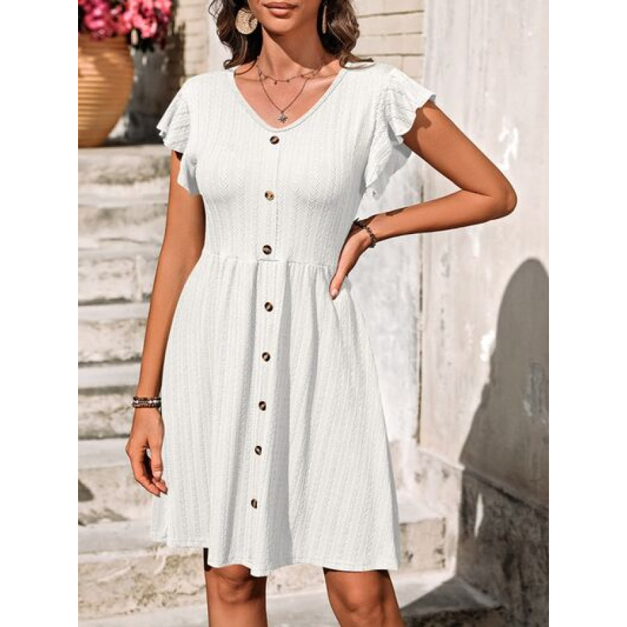 Decorative Button Ruffled V - Neck Dress White / S Apparel and Accessories