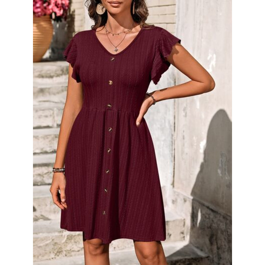 Decorative Button Ruffled V - Neck Dress Wine / S Apparel and Accessories