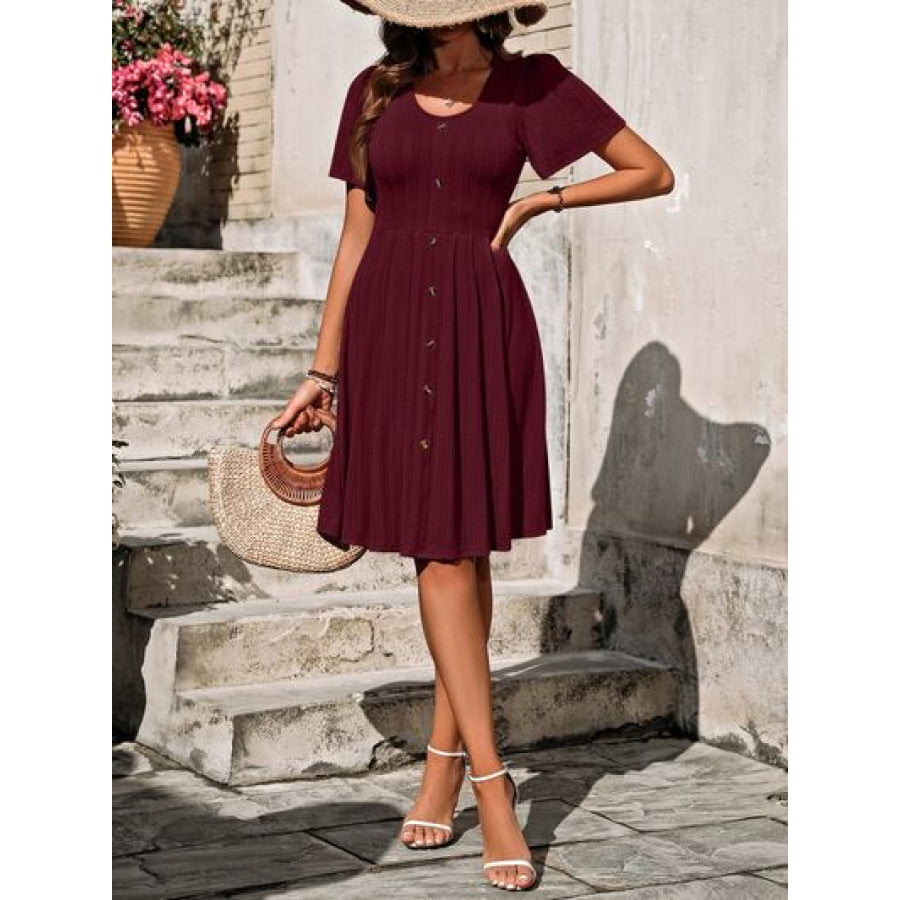 Decorative Button Scoop Neck Short Sleeve Dress Apparel and Accessories