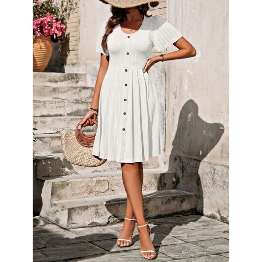 Decorative Button Scoop Neck Short Sleeve Dress Apparel and Accessories