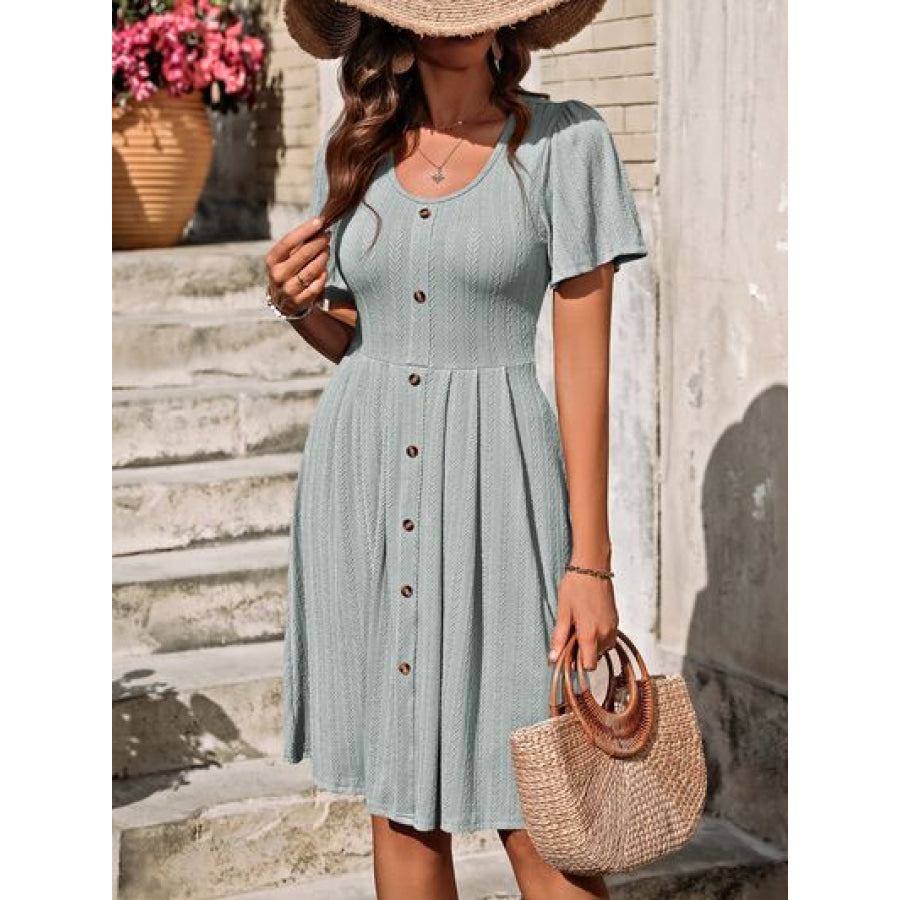 Decorative Button Scoop Neck Short Sleeve Dress Apparel and Accessories