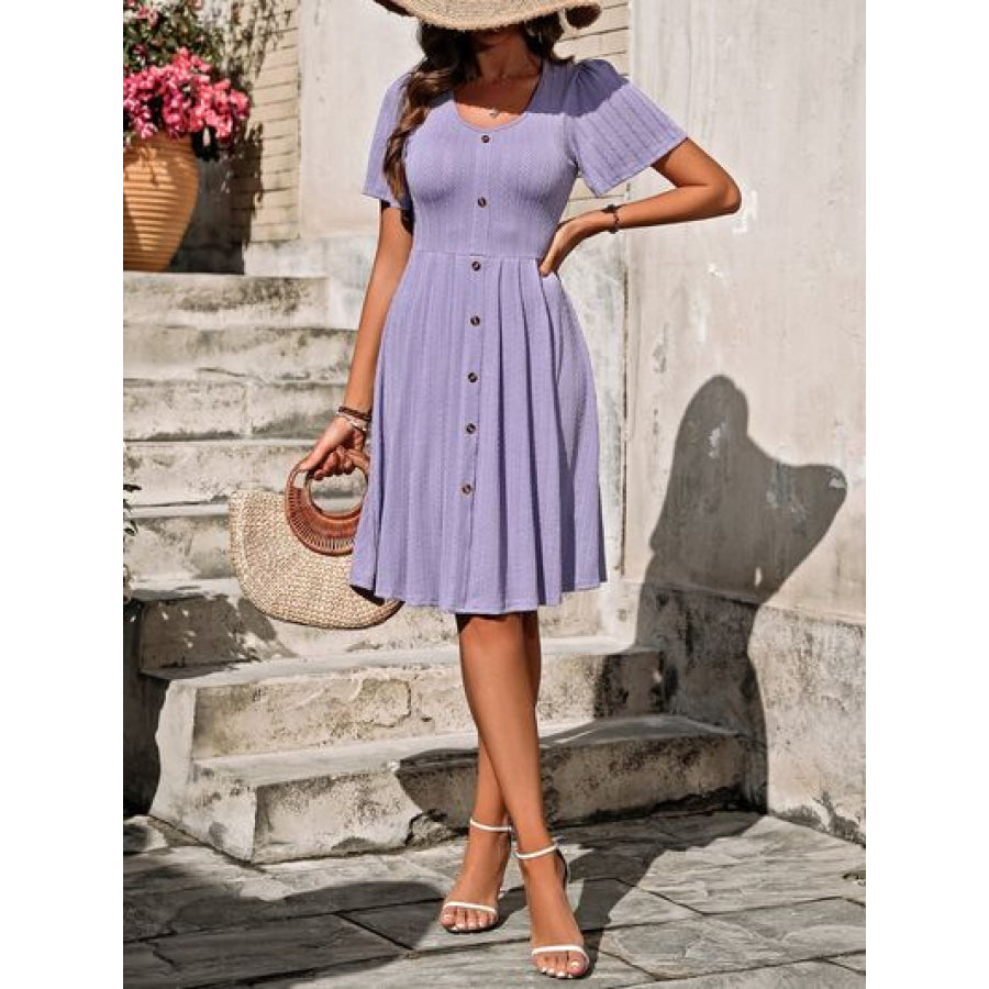 Decorative Button Scoop Neck Short Sleeve Dress Apparel and Accessories