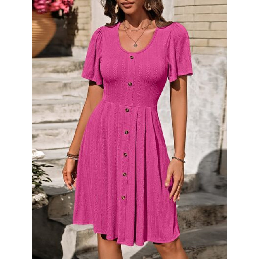 Decorative Button Scoop Neck Short Sleeve Dress Apparel and Accessories